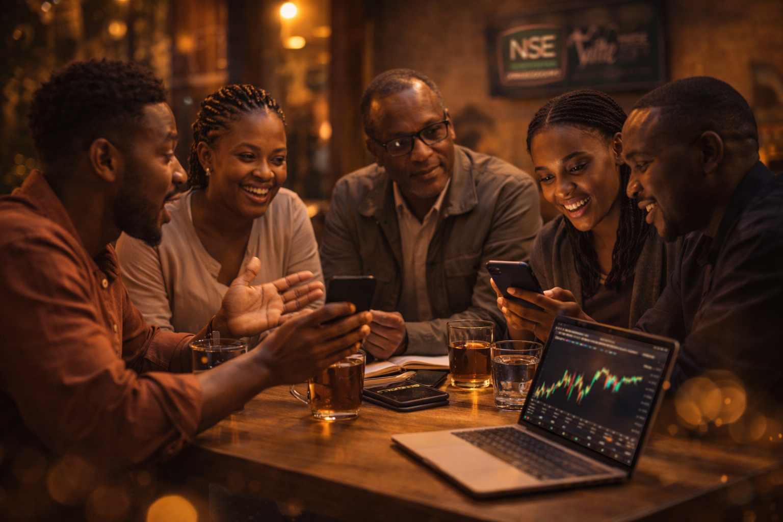 Group of Kenyan investors discussing stocks and market trends together