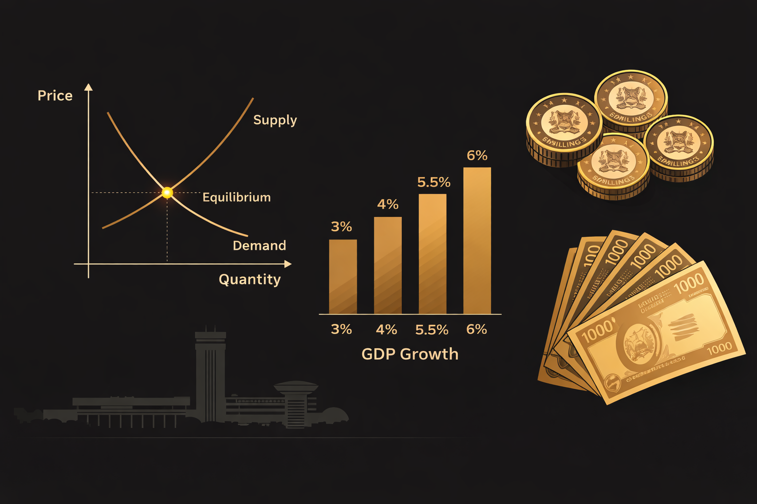 Economics illustration showing supply and demand curves, GDP growth chart, and Kenyan shillings
