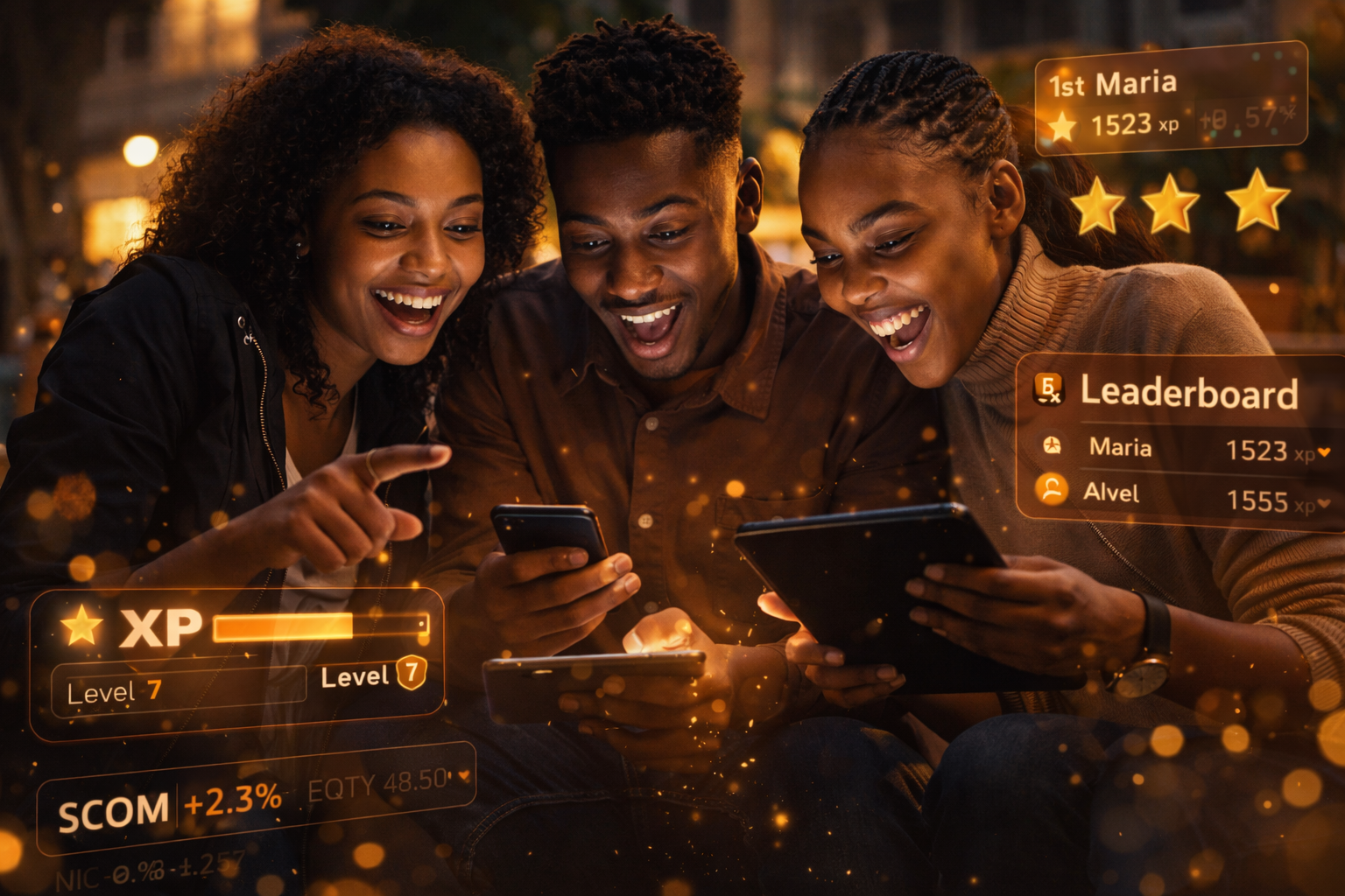 Young Kenyan students excitedly playing NSE quiz game with XP and leaderboard overlays