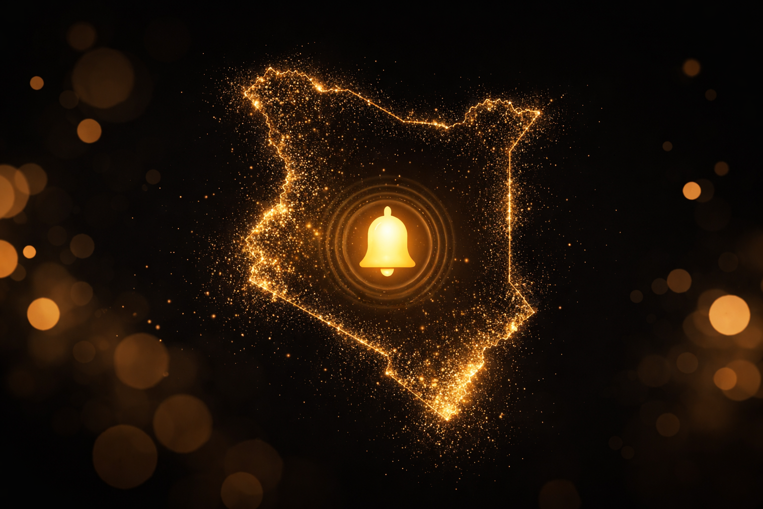 Golden outline of Kenya map with notification bell, symbolizing NARA updates coming soon