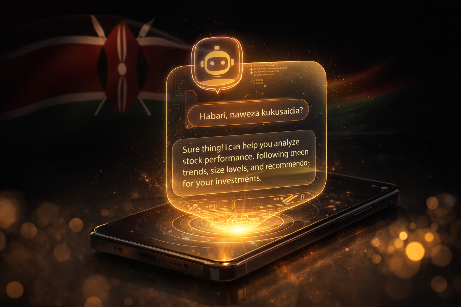 NARA AI chatbot hologram with Swahili greeting on smartphone, Kenyan flag in background
