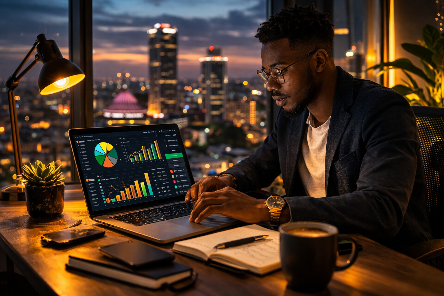 Kenyan professional analyzing financial data with charts on laptop, Nairobi skyline at dusk